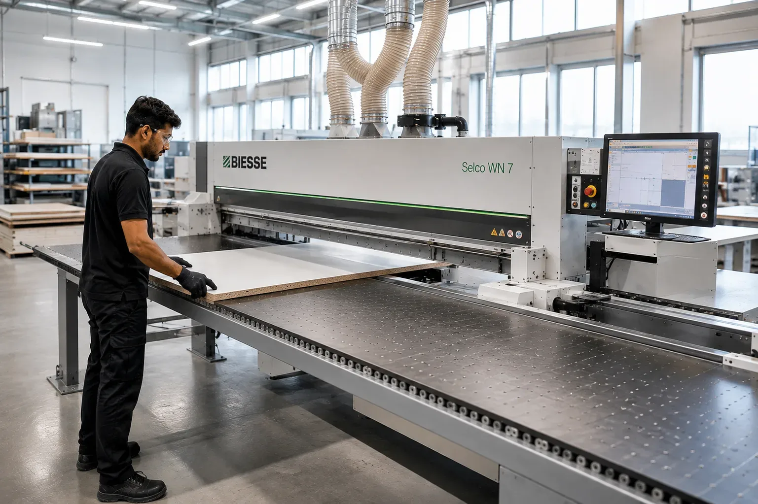 CNC nesting layout cut into a board on the Reedify factory floor