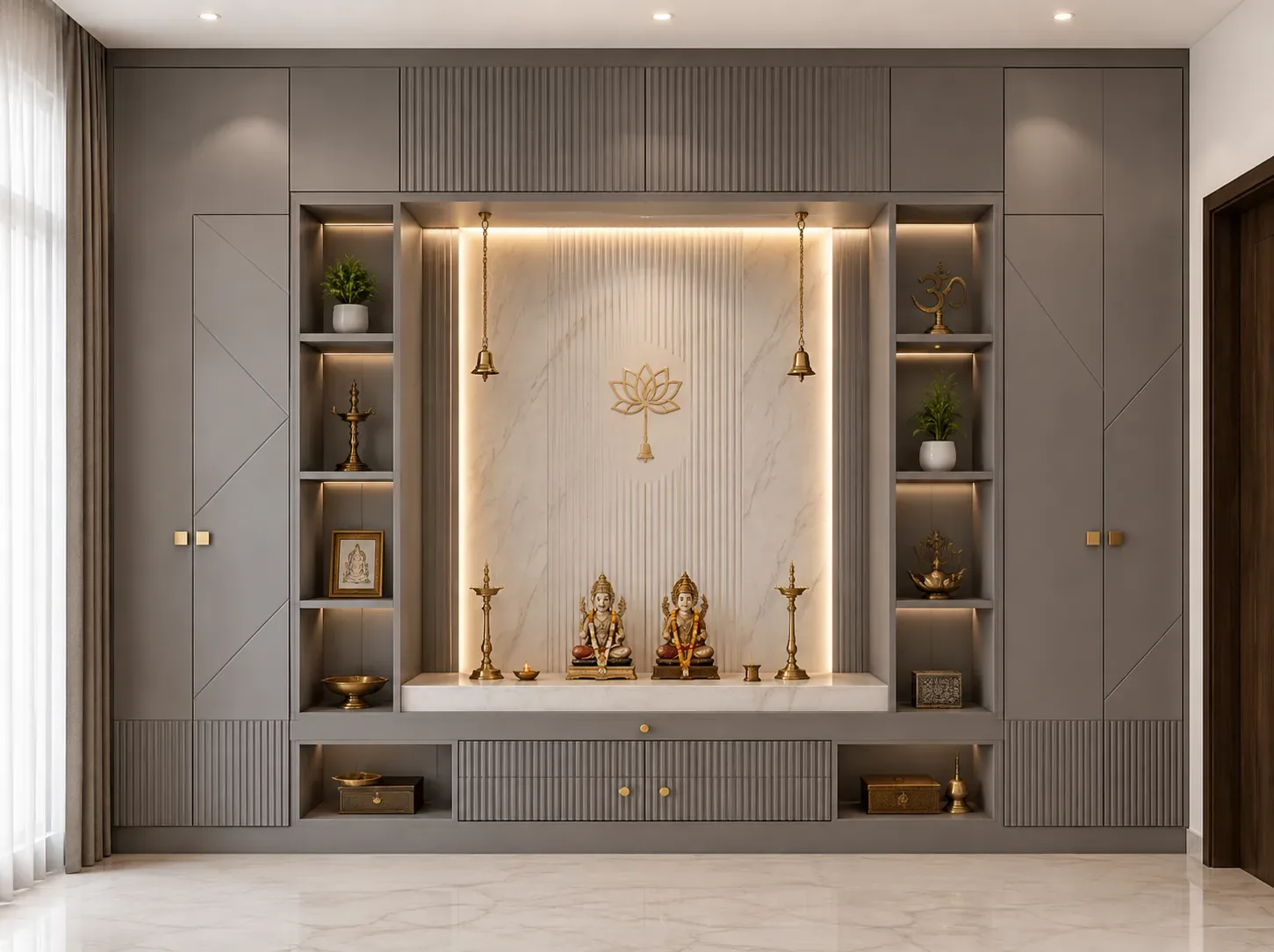 Carved full wall pooja unit by Reedify Modulars