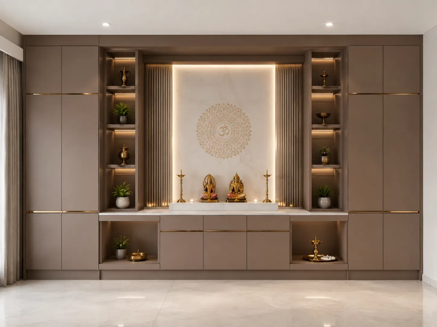 Marble full wall pooja unit by Reedify Modulars