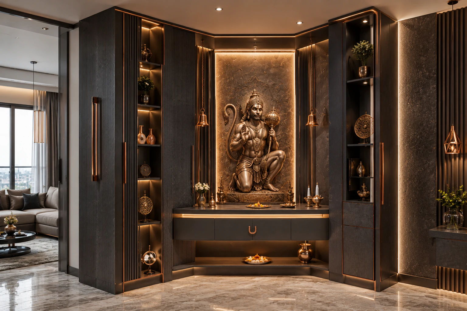 Deep charcoal corner pooja unit by Reedify Modulars Rohtak
