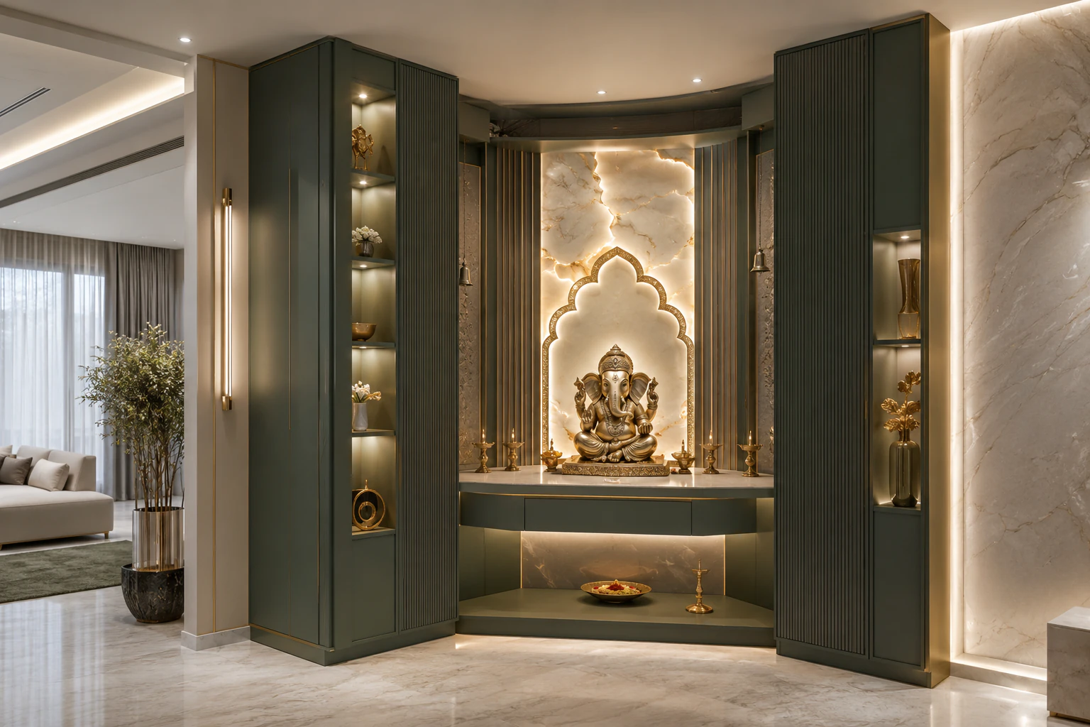Emerald green corner pooja unit by Reedify Modulars Rohtak