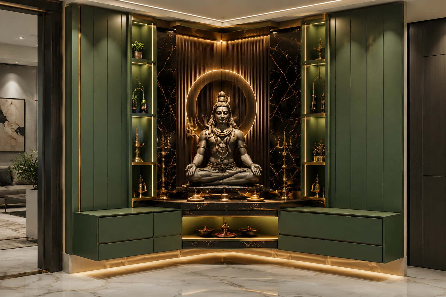 Forest green corner pooja unit by Reedify Modulars Rohtak