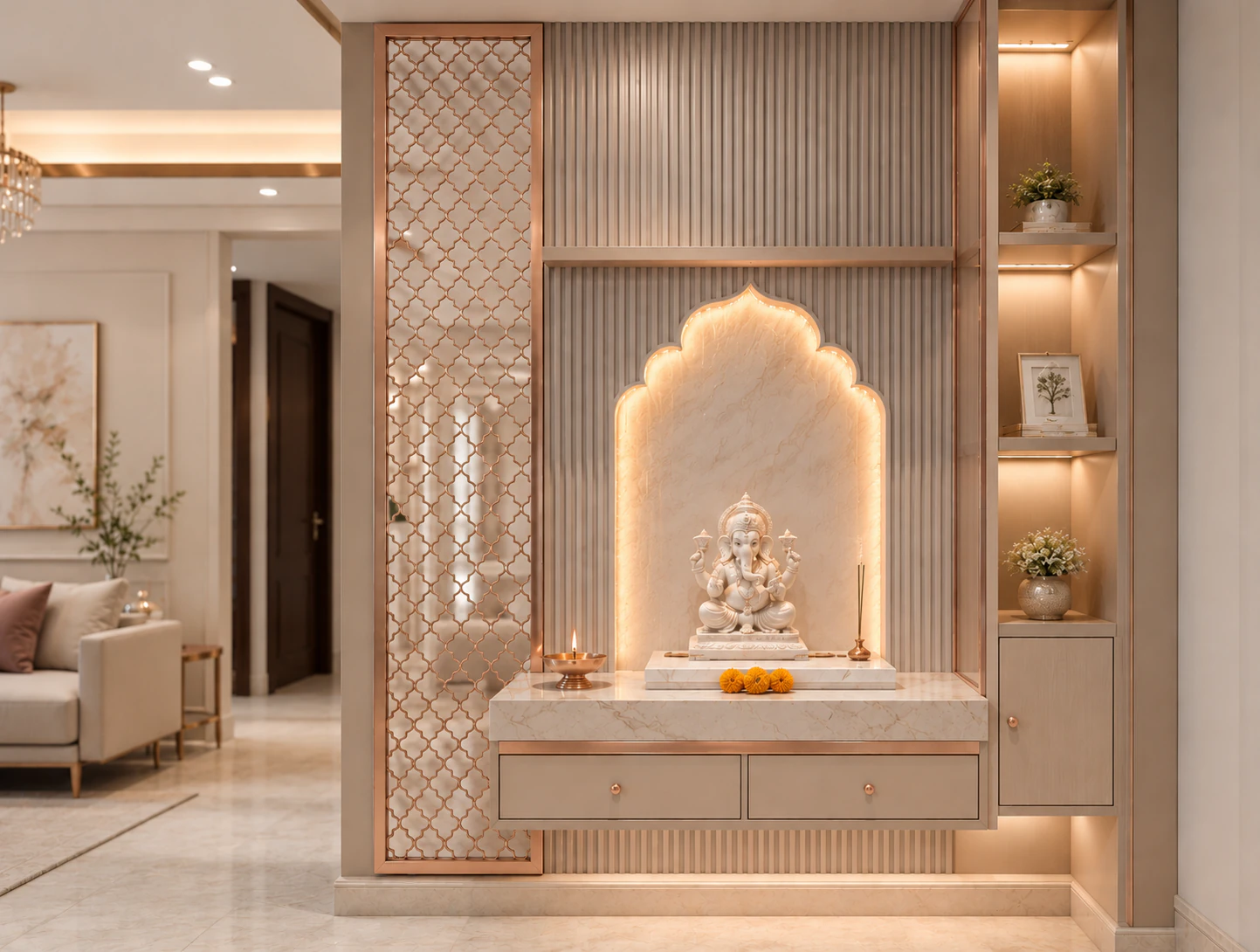 Greige rose gold corner pooja unit by Reedify Modulars Rohtak