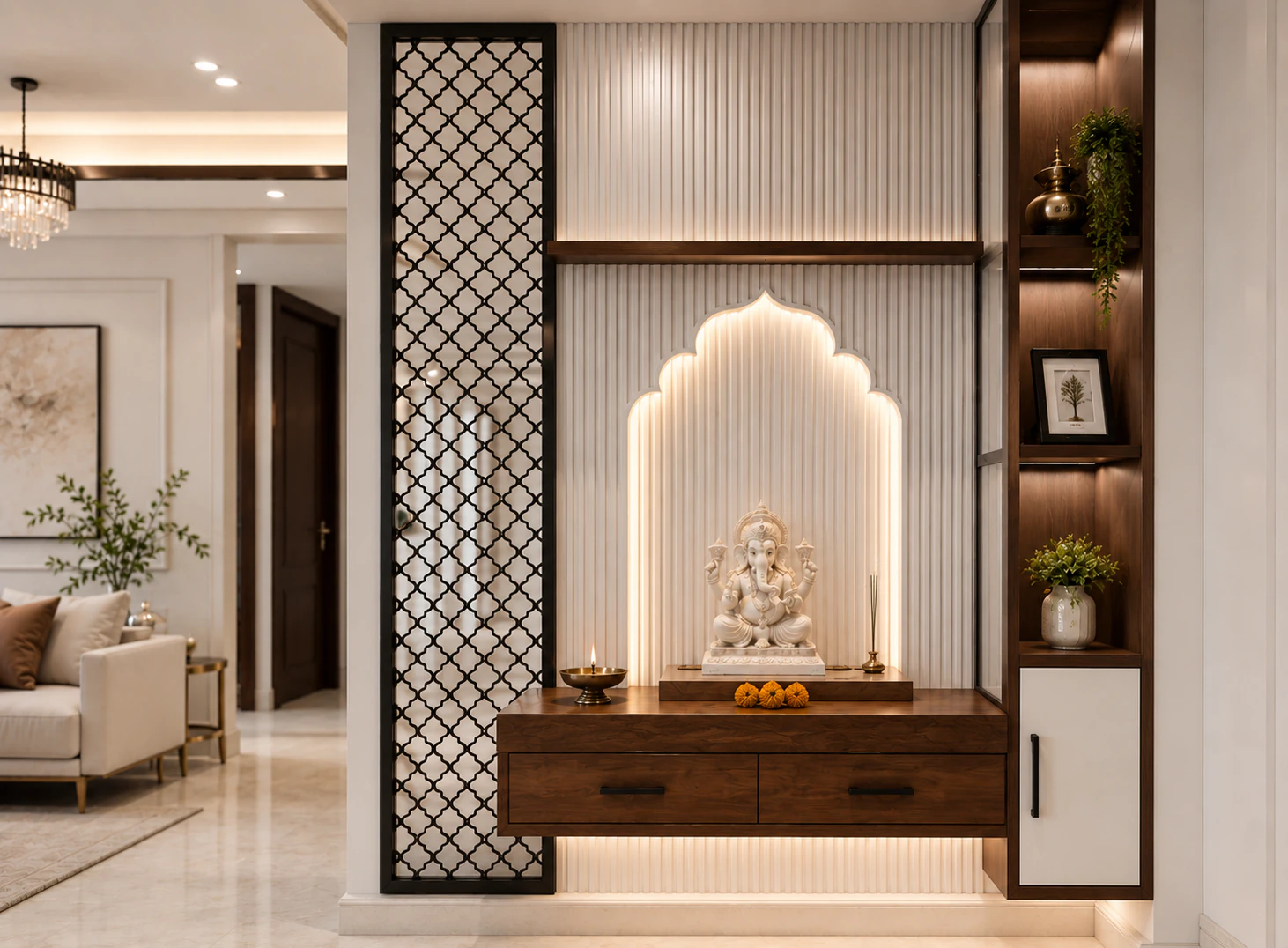 Pearl white walnut corner pooja unit by Reedify Modulars Rohtak