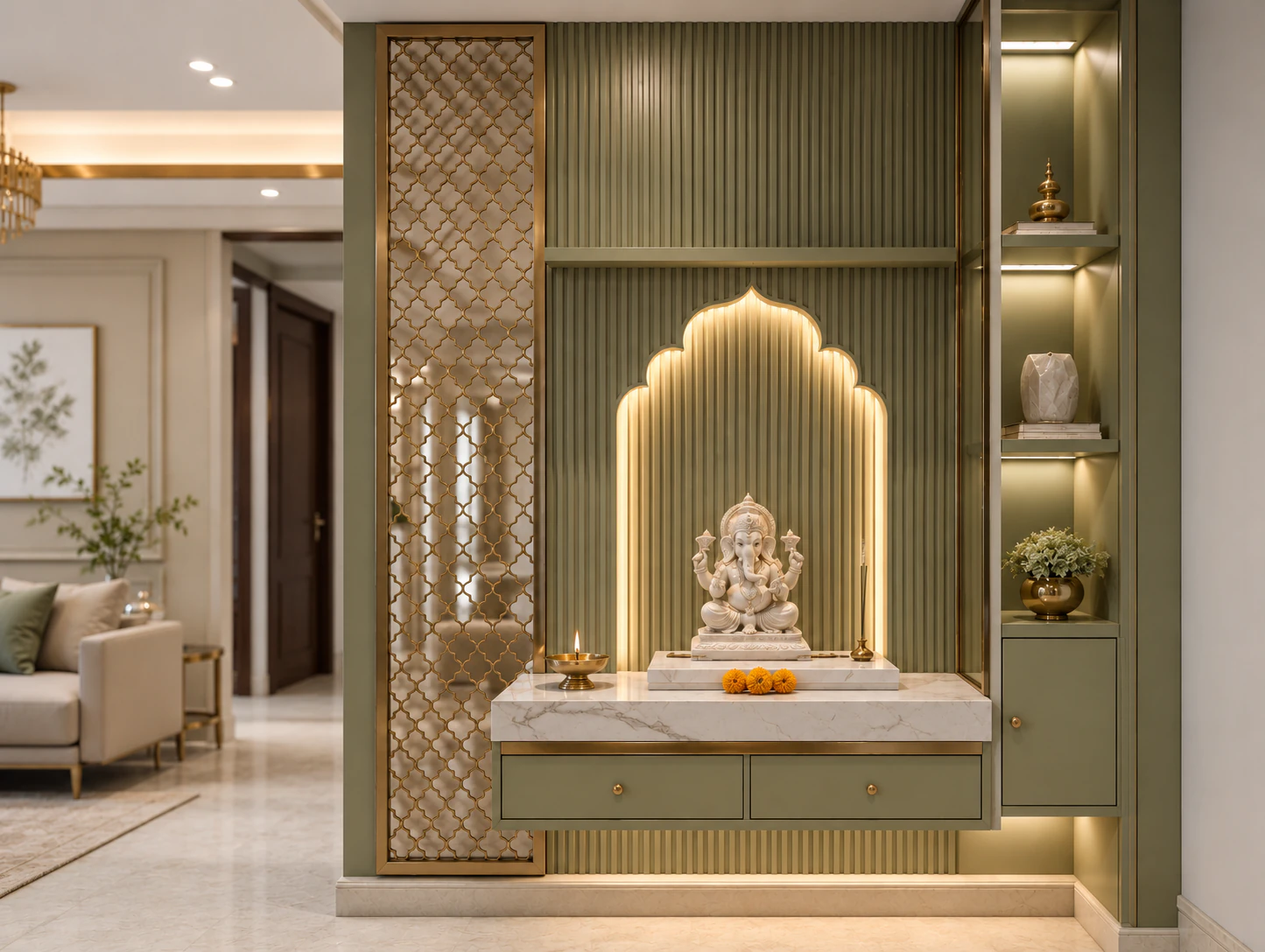 Sage green corner pooja unit by Reedify Modulars Rohtak