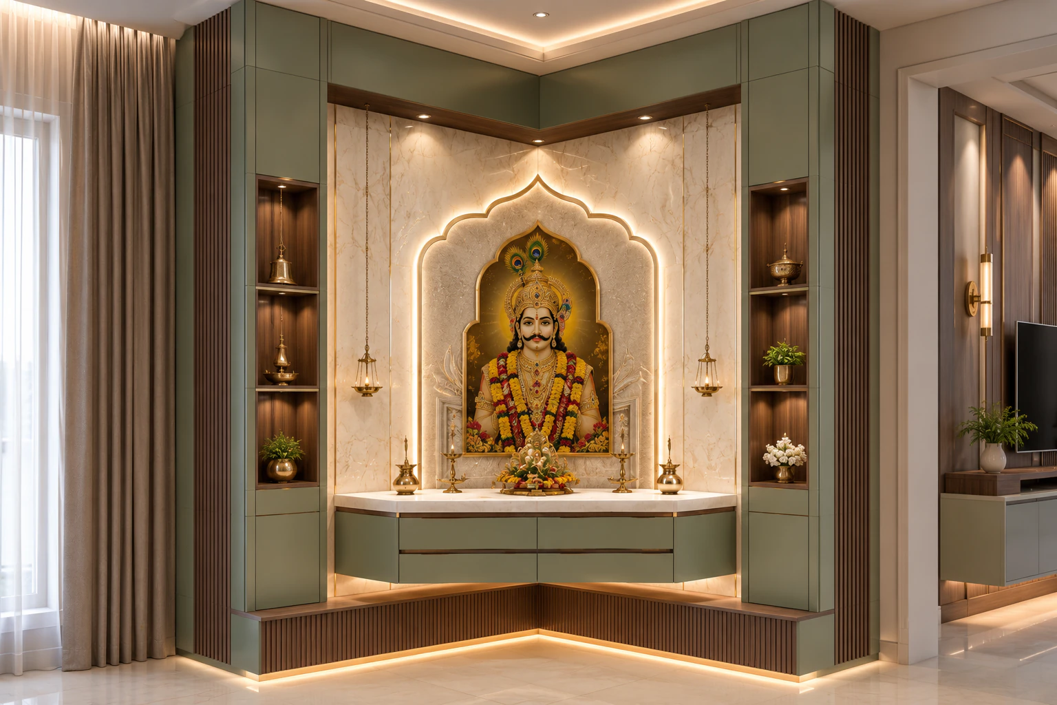 Sage green soft walnut corner pooja unit by Reedify Modulars Rohtak