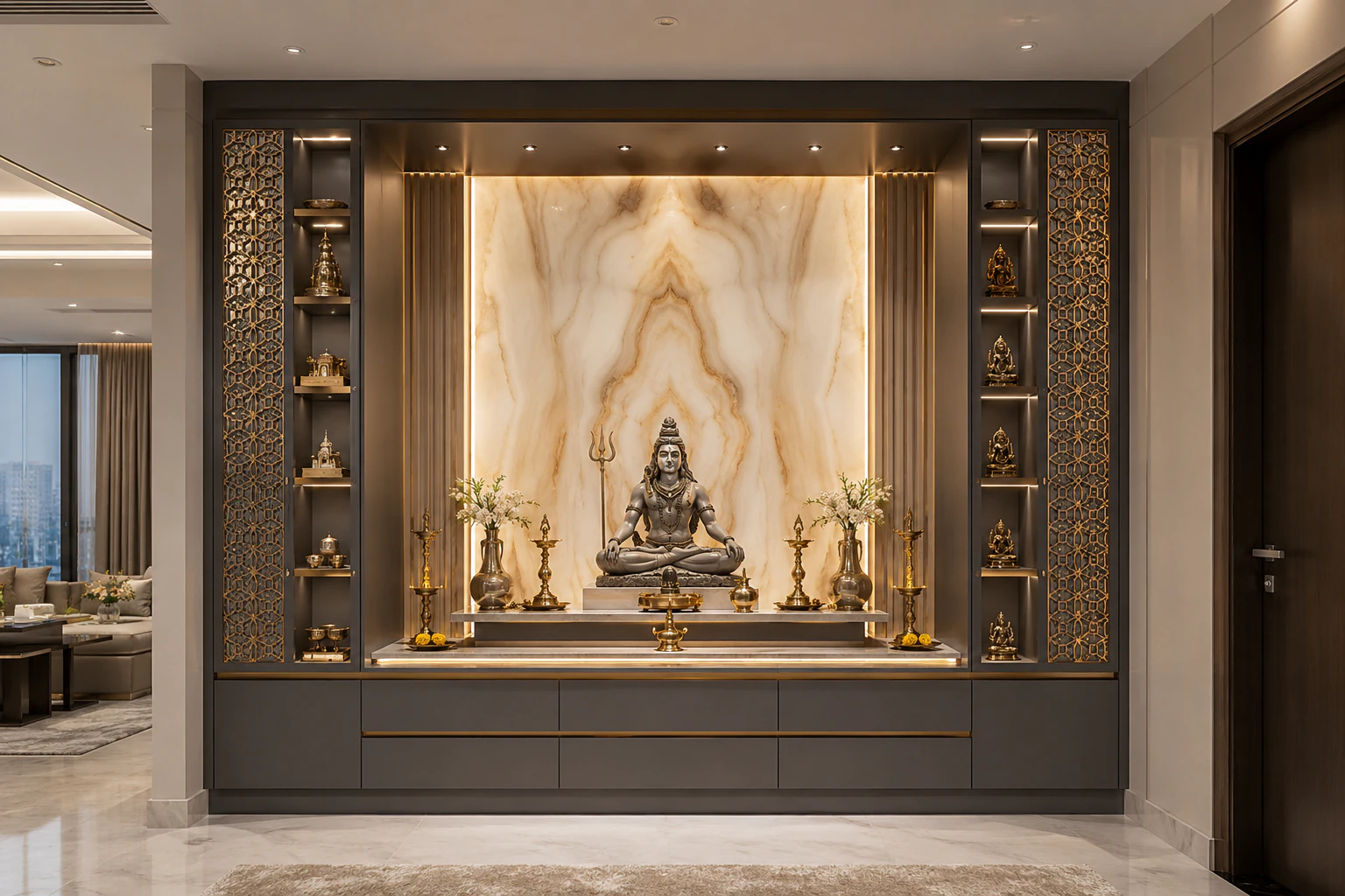 Graphite full-wall pooja unit by Reedify Modulars Rohtak