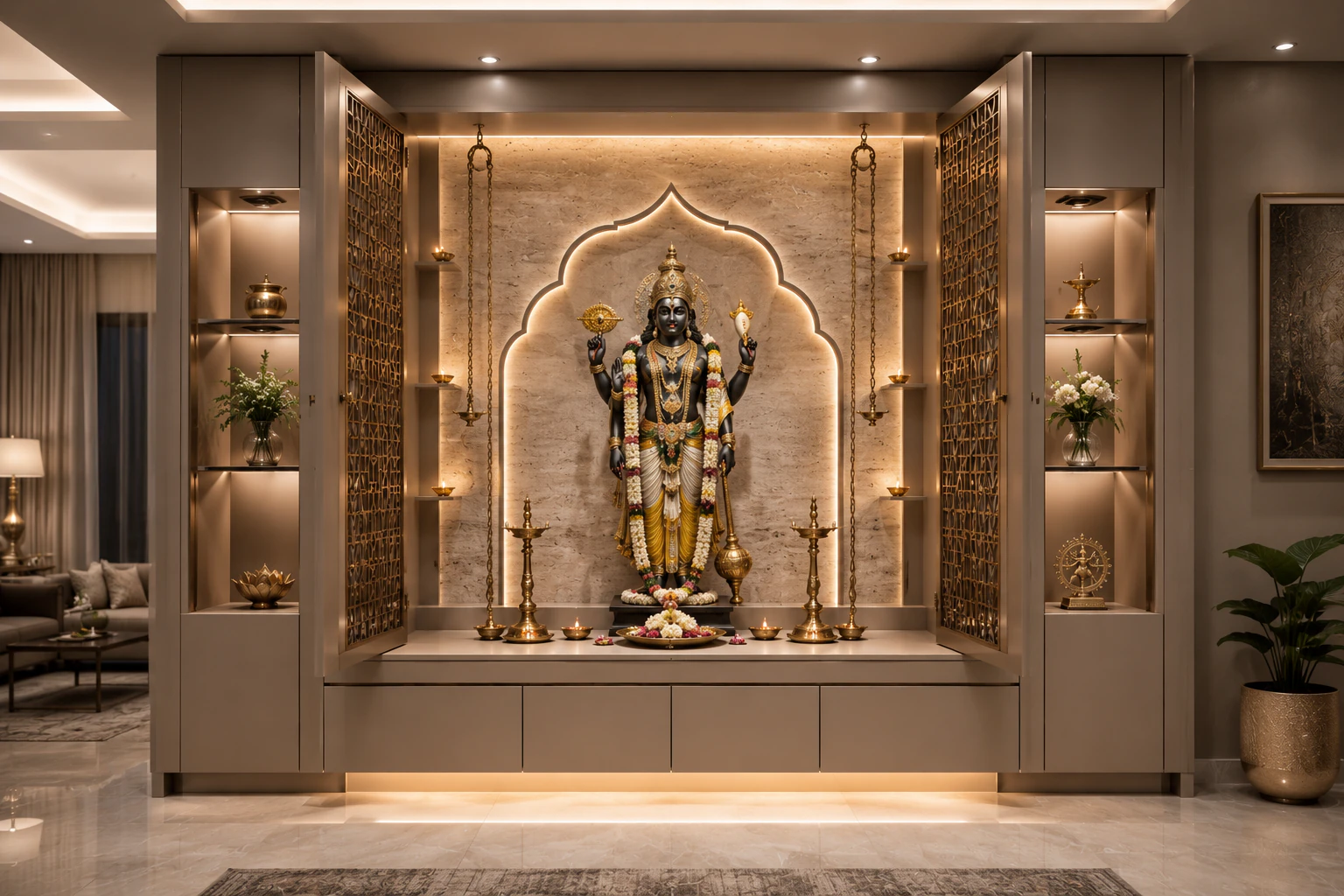 Greige full-wall pooja unit by Reedify Modulars Rohtak