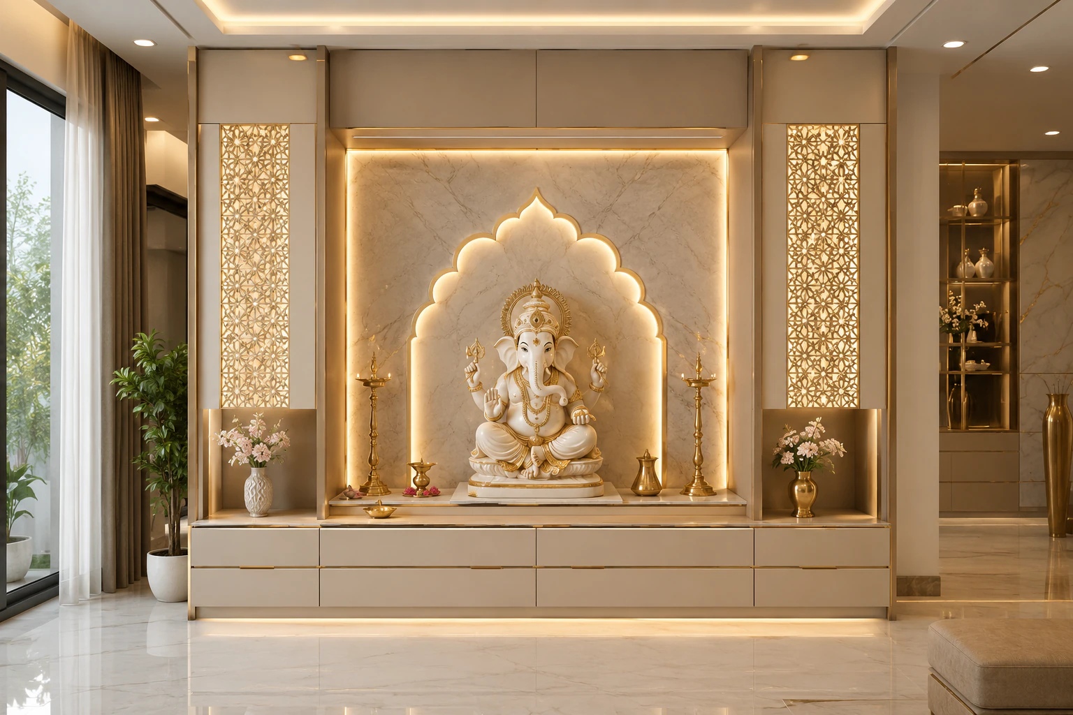 Travertine full-wall pooja unit by Reedify Modulars Rohtak
