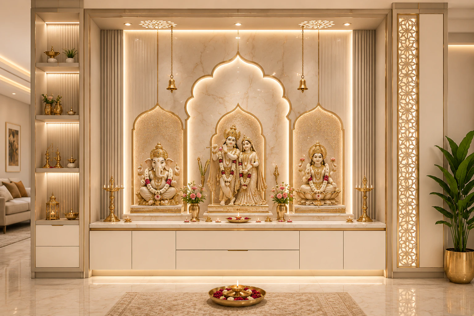 Ivory full-wall pooja unit by Reedify Modulars Rohtak