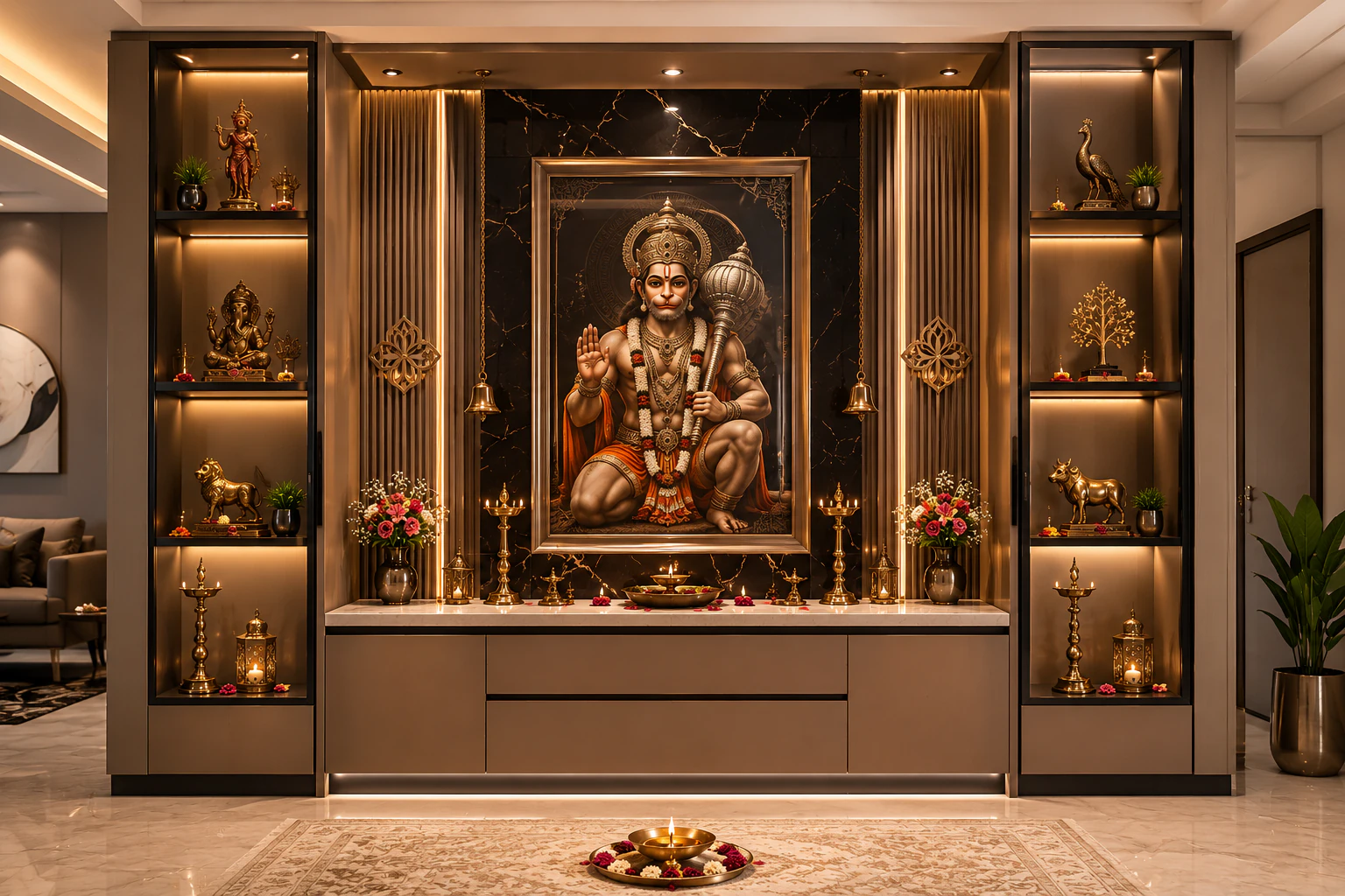 Luxury full-wall pooja unit by Reedify Modulars Rohtak