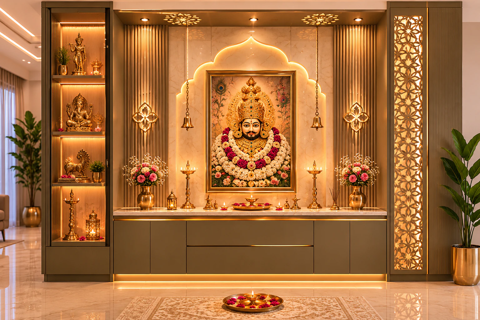 Mocha full-wall pooja unit by Reedify Modulars Rohtak