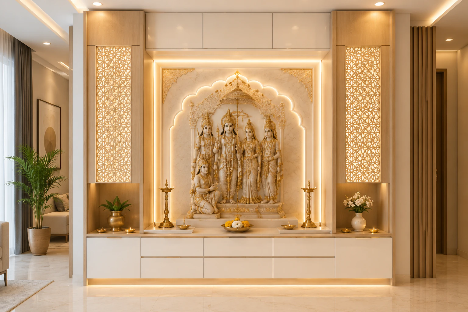 Pearl white full-wall pooja unit by Reedify Modulars Rohtak