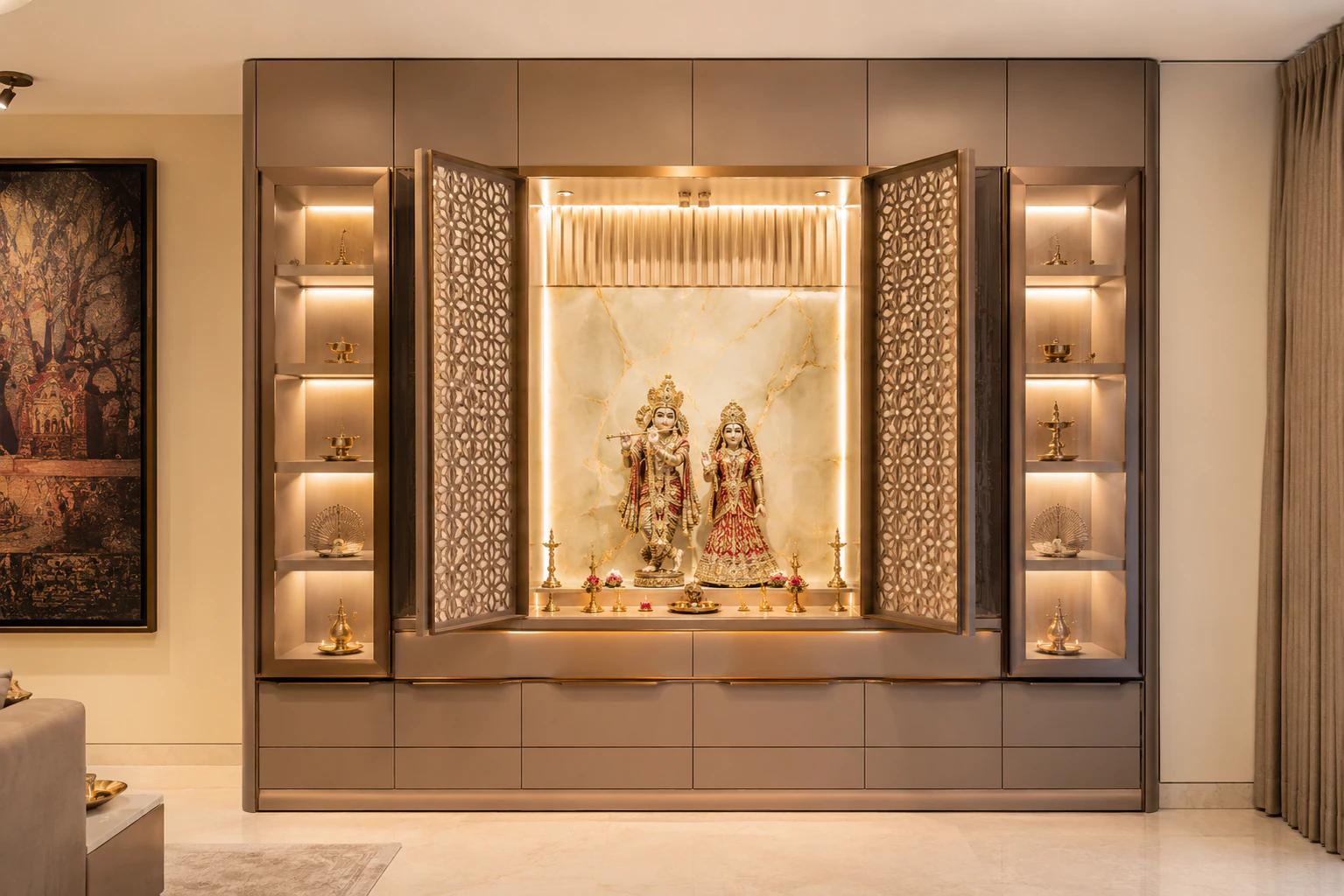 Smoked grey full-wall pooja unit variation by Reedify Modulars Rohtak