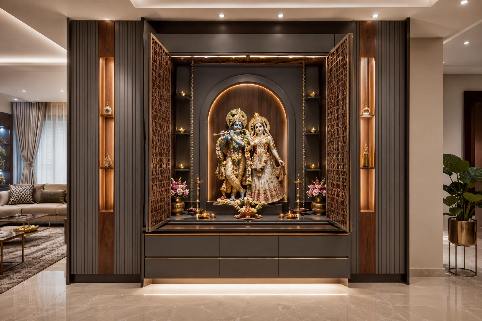 Smoked grey full-wall pooja unit by Reedify Modulars Rohtak