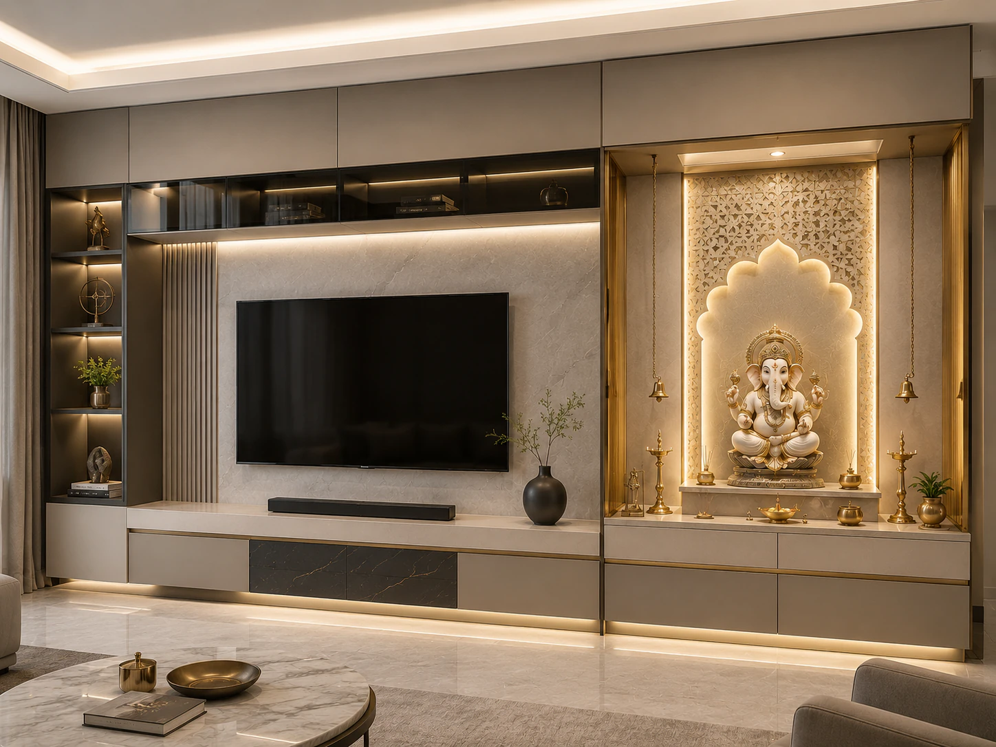 Attached pooja unit for compact wall by Reedify Modulars Rohtak