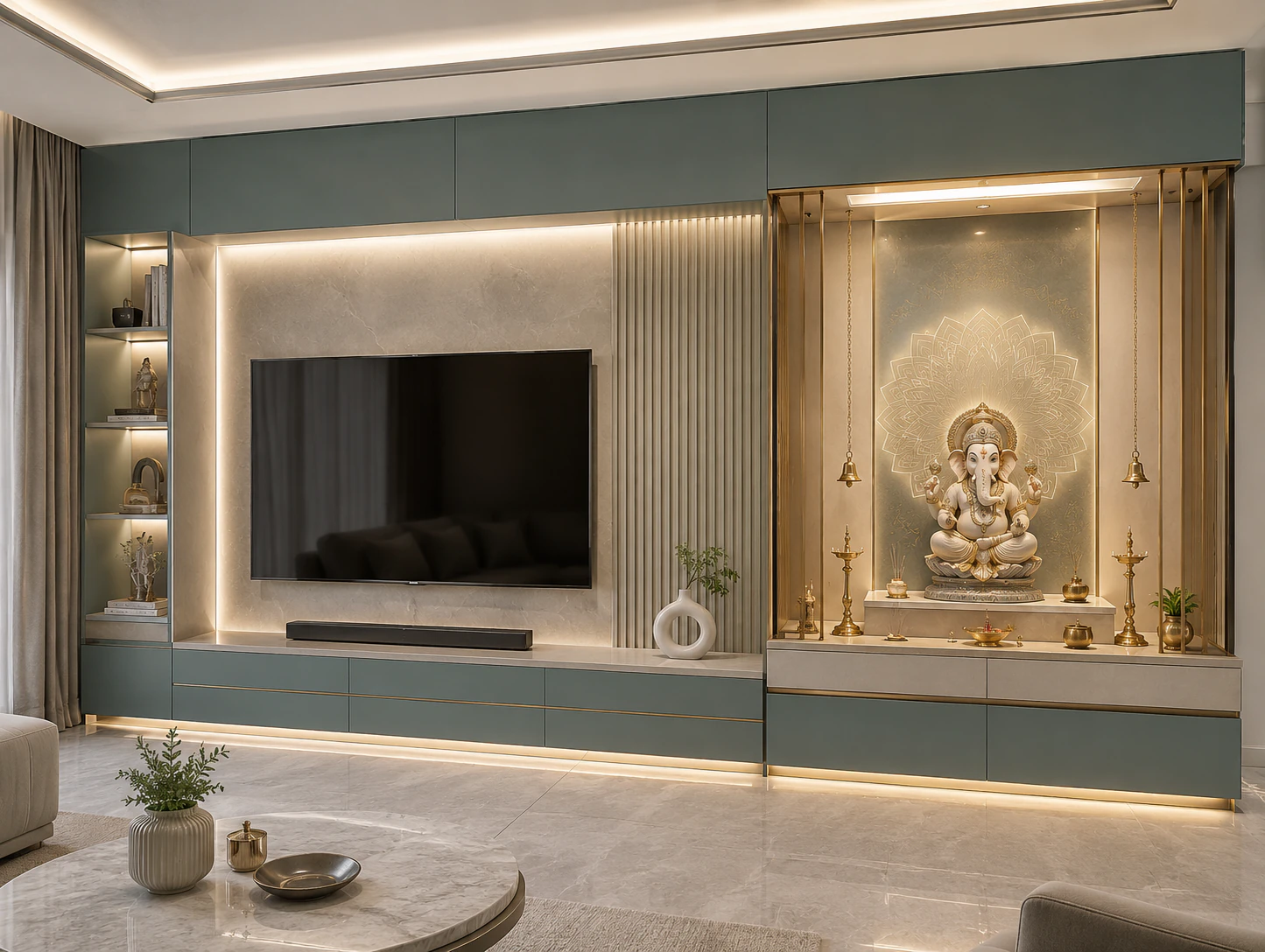 Attached pooja unit with coordinated wall design by Reedify Modulars Rohtak