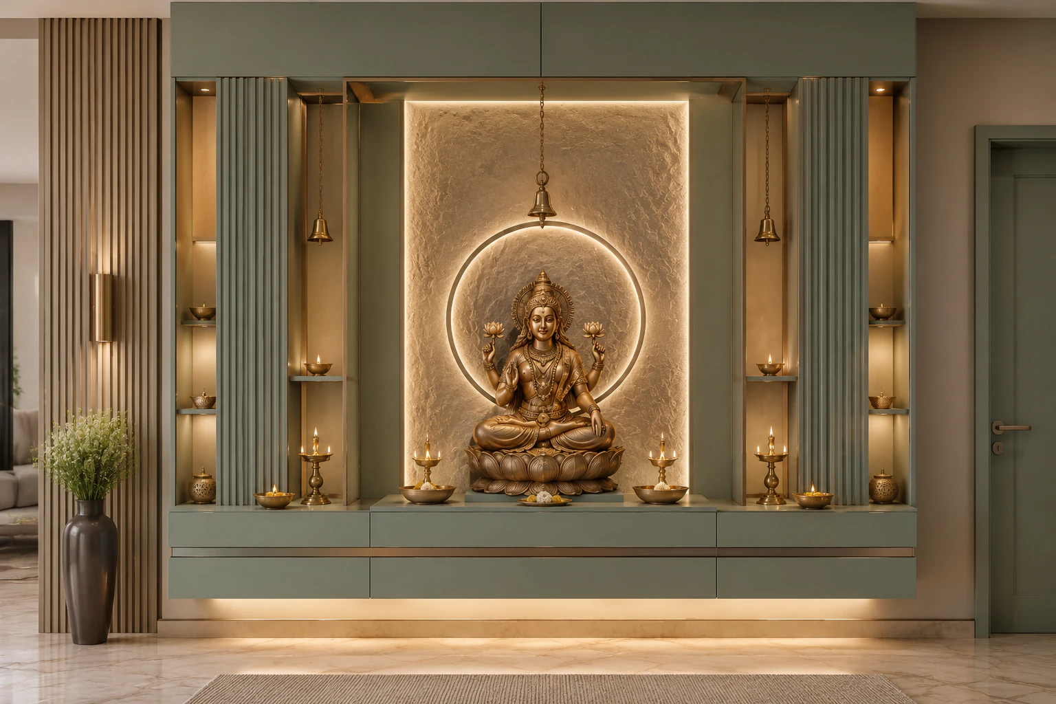Dusty sage wall-mounted pooja unit by Reedify Modulars Rohtak
