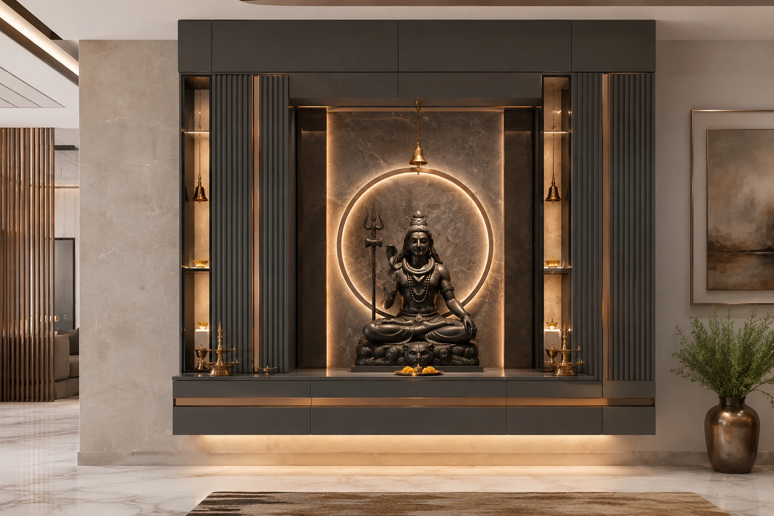 Graphite grey wall-mounted pooja unit by Reedify Modulars Rohtak
