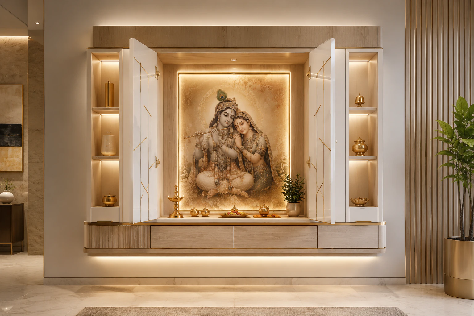 Pearl white wall-mounted pooja unit by Reedify Modulars Rohtak