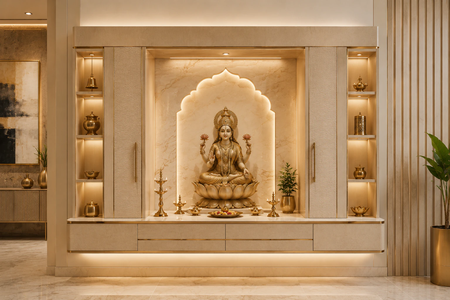 Sandstone beige wall-mounted pooja unit by Reedify Modulars Rohtak