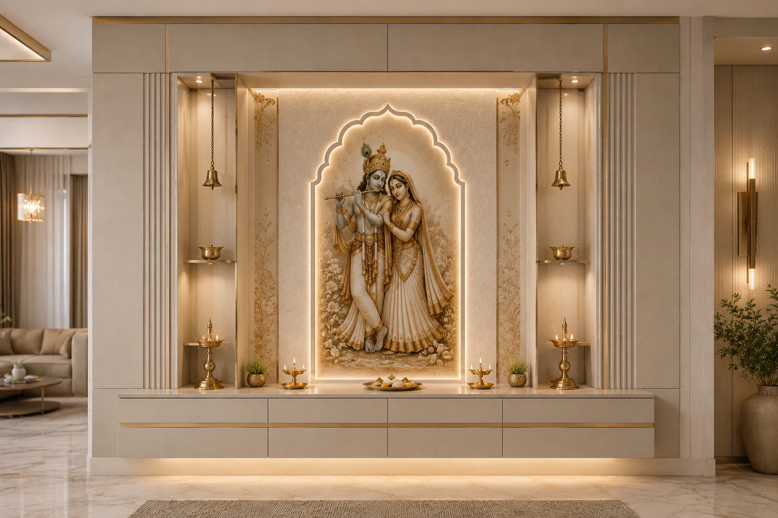 Warm linen wall-mounted pooja unit by Reedify Modulars Rohtak