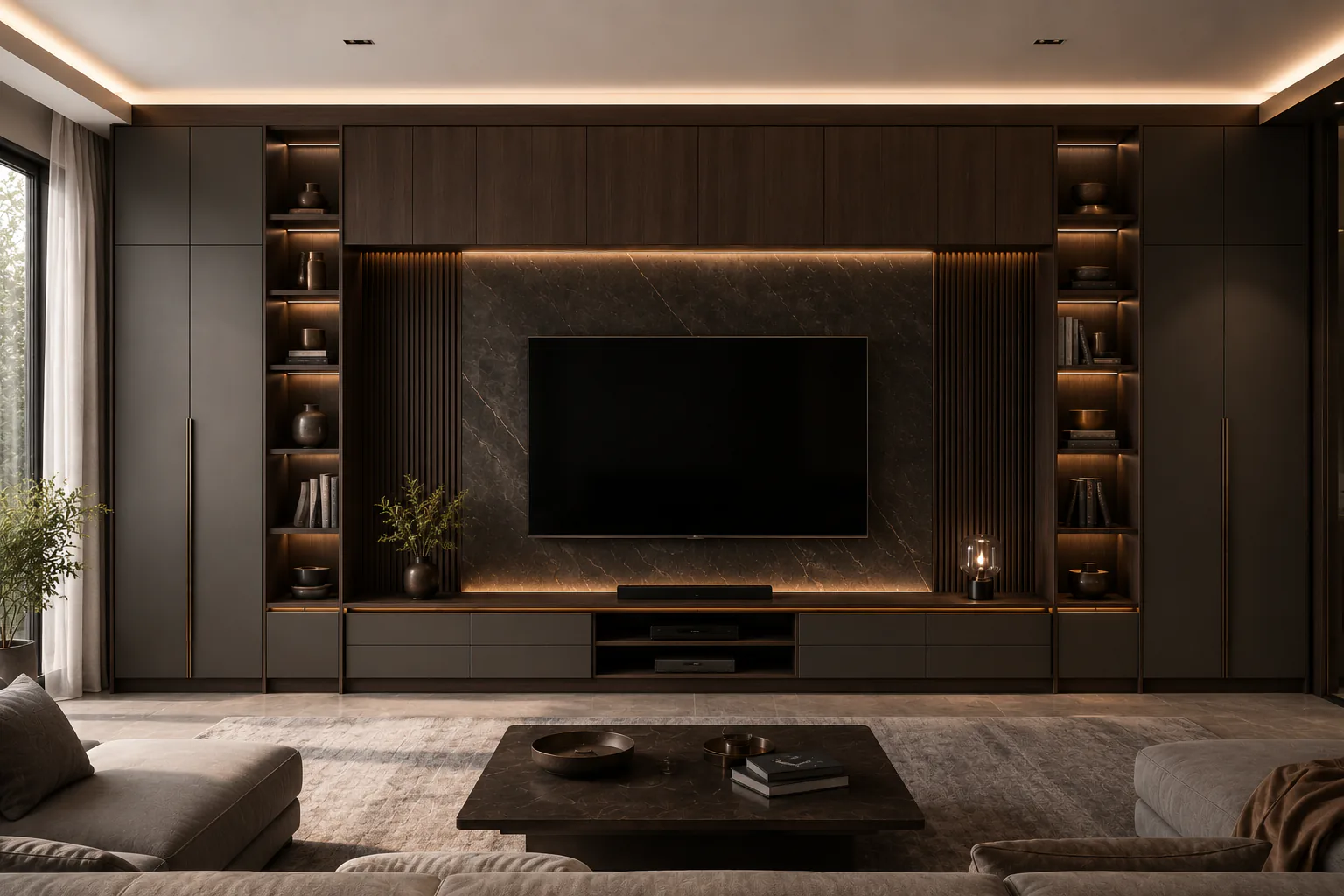 dark luxury full wall tv unit by Reedify Modulars Rohtak