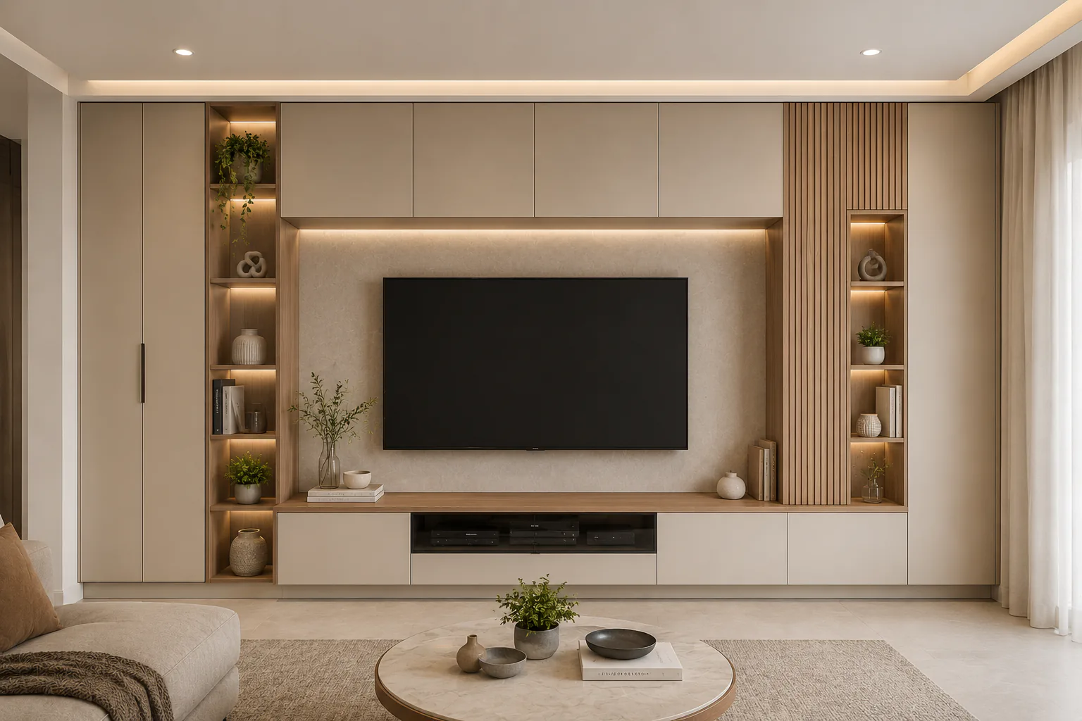 full wall tv unit for apartment living room by Reedify Modulars Rohtak