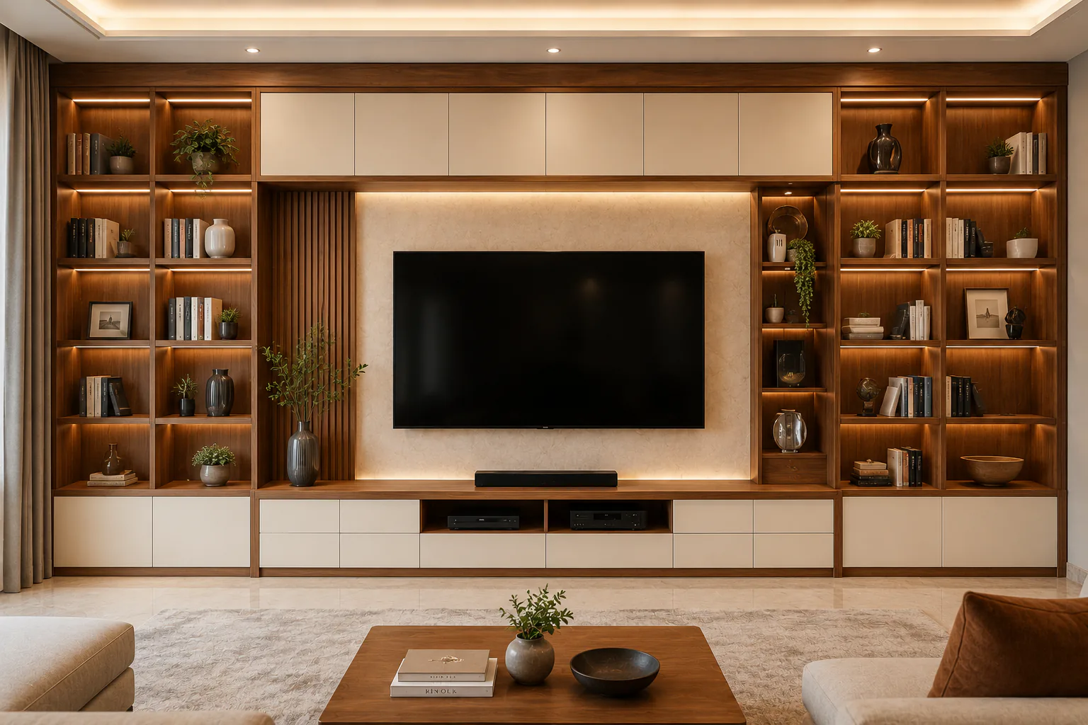 full wall tv unit with bookshelf design by Reedify Modulars Rohtak