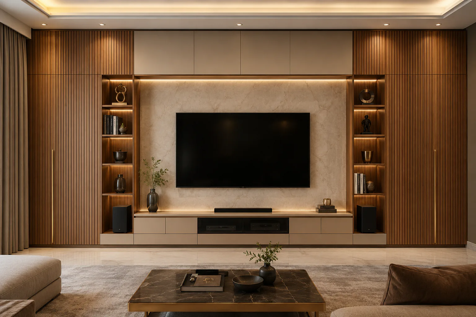 full wall tv unit with fluted panels by Reedify Modulars Rohtak