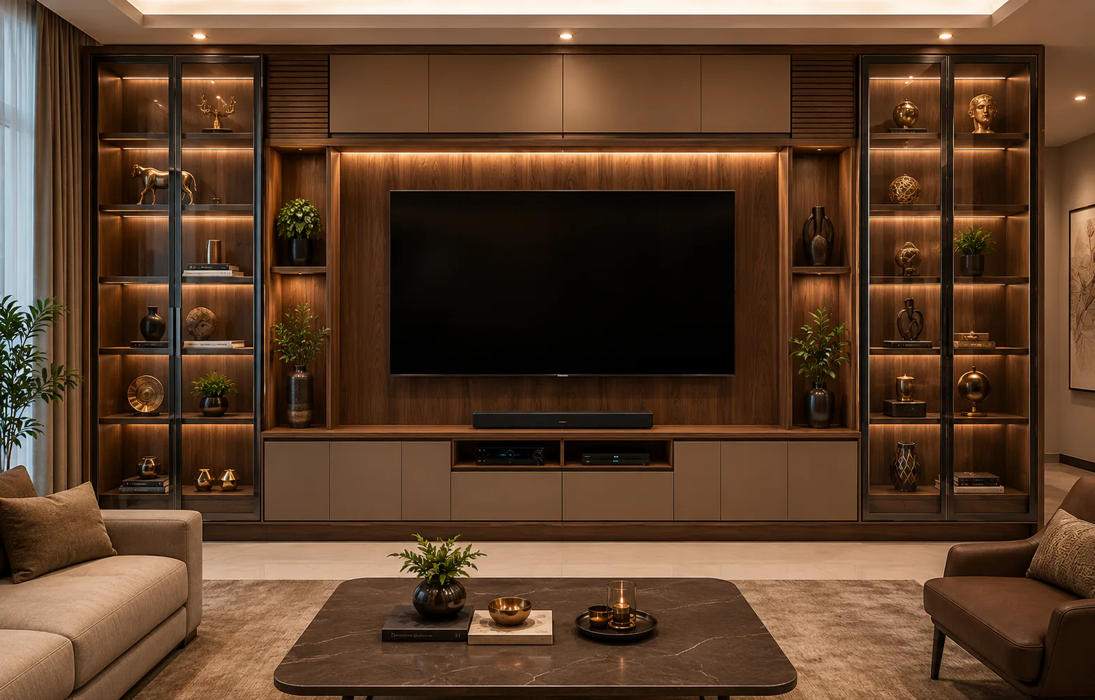 full wall tv unit with glass display cabinets by Reedify Modulars Rohtak