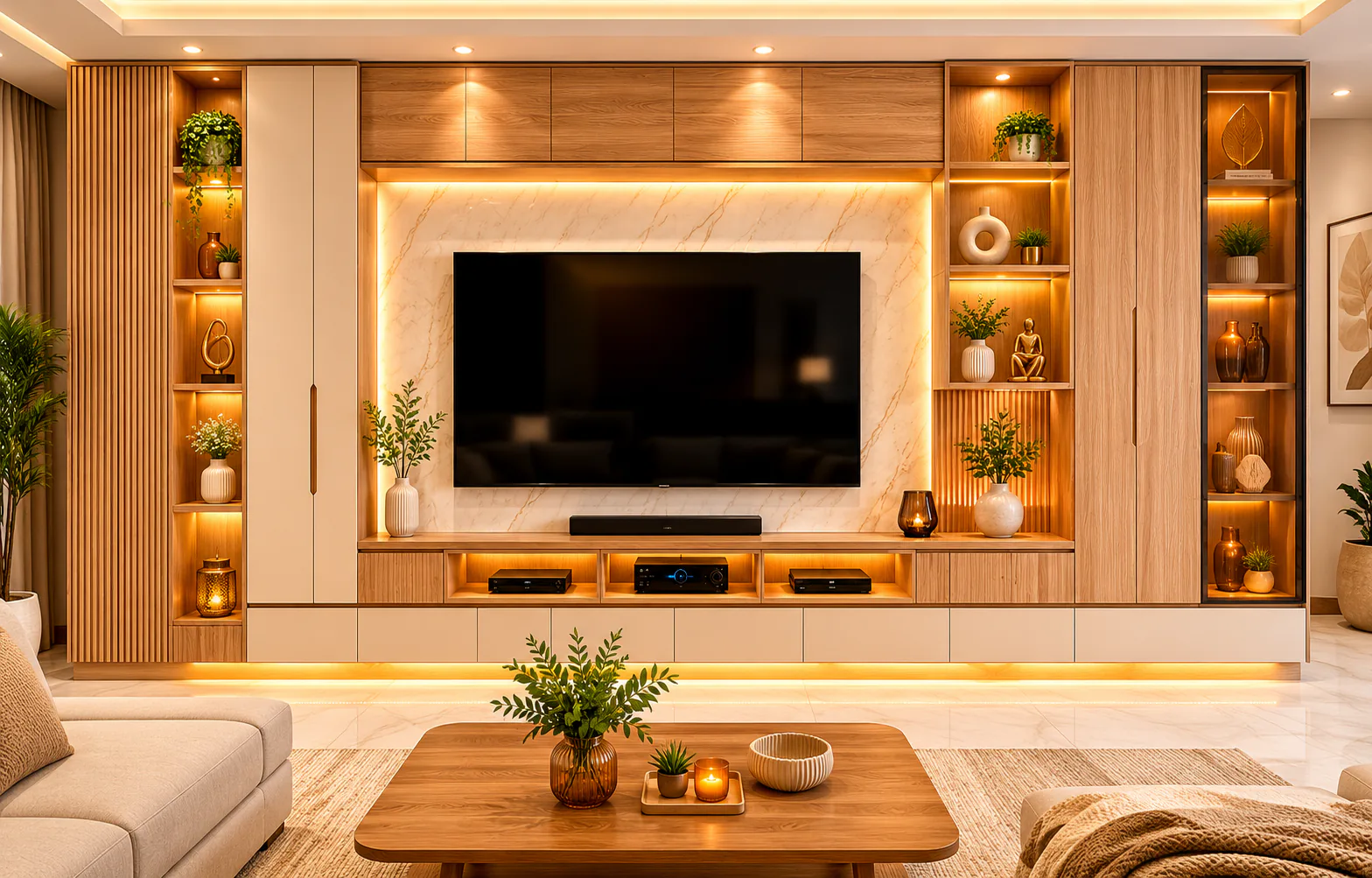 light oak full wall tv unit by Reedify Modulars Rohtak