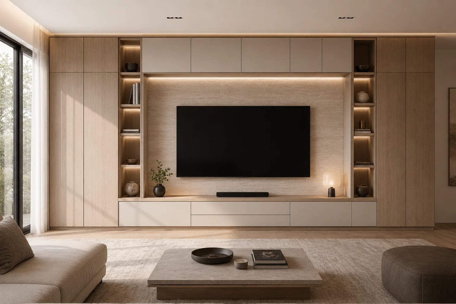 minimal handleless full wall tv unit by Reedify Modulars Rohtak