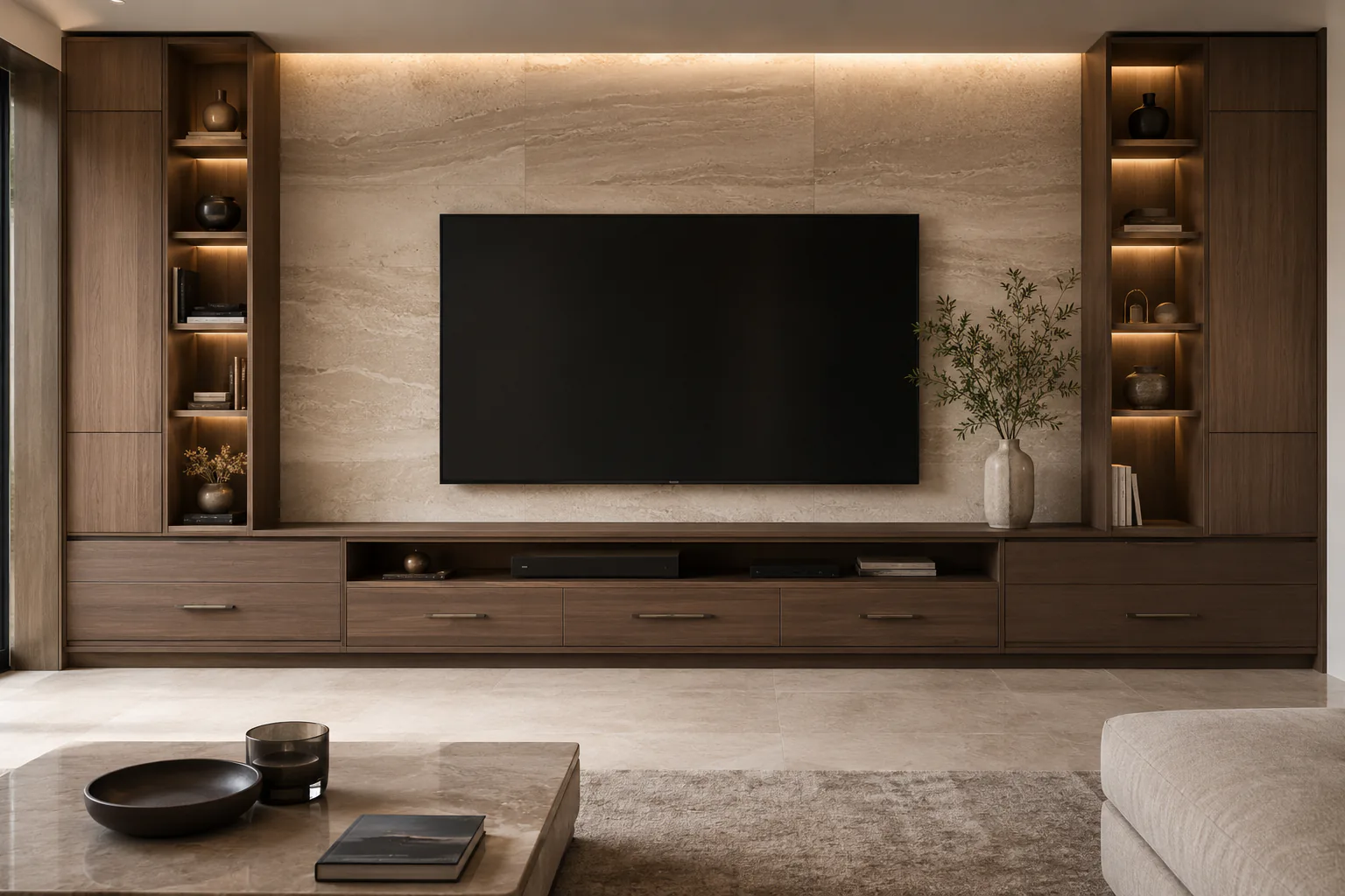 mocha eucalyptus tv cabinet with sandstone backdrop by Reedify Modulars Rohtak