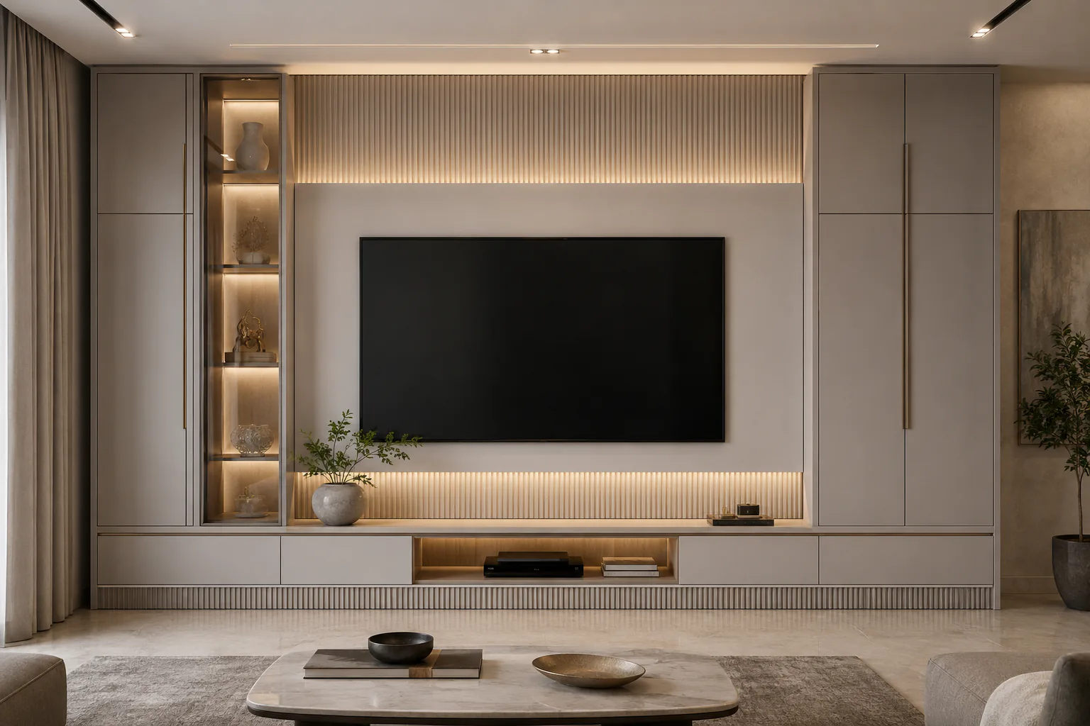 pearl grey tv cabinet with ribbed sycamore wood by Reedify Modulars Rohtak