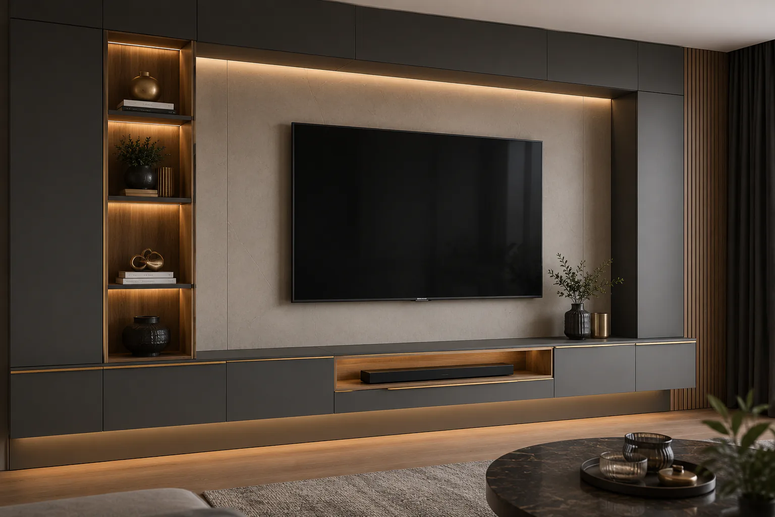 charcoal and champagne wall mounted tv cabinet by Reedify Modulars Rohtak