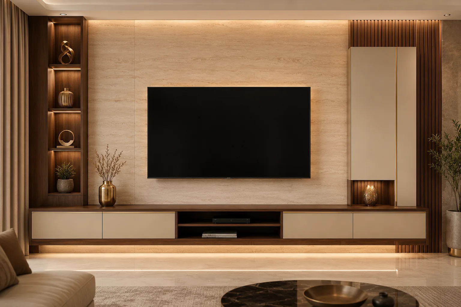 ivory travertine tv cabinet wall by Reedify Modulars Rohtak