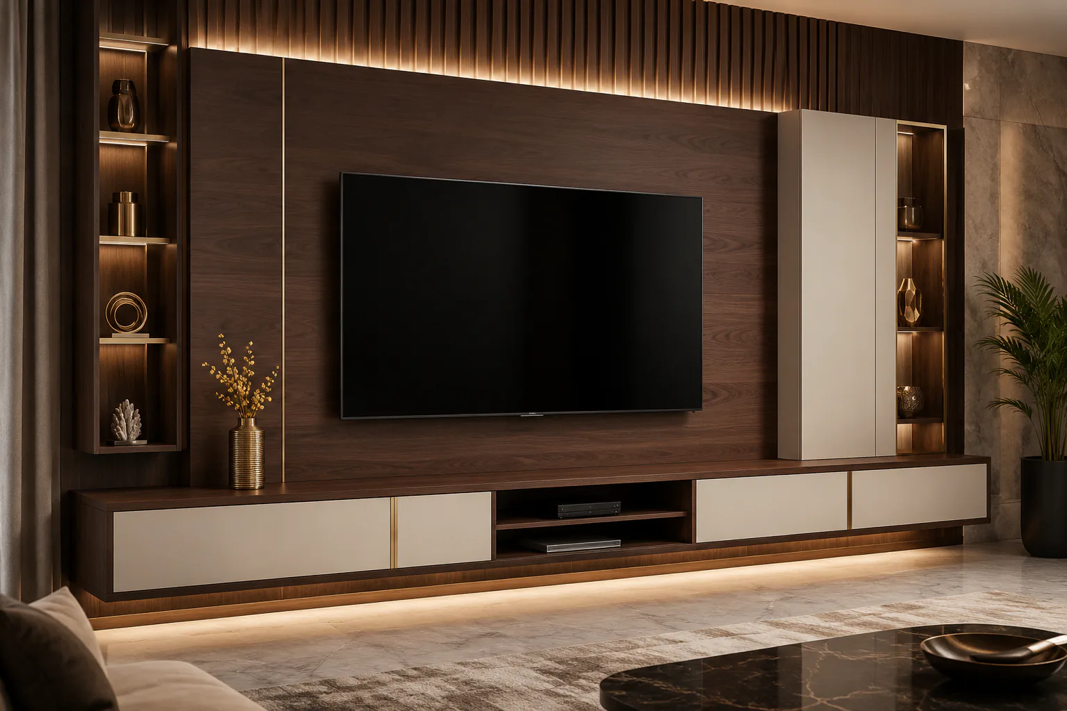 midnight walnut wall mounted tv cabinet by Reedify Modulars Rohtak