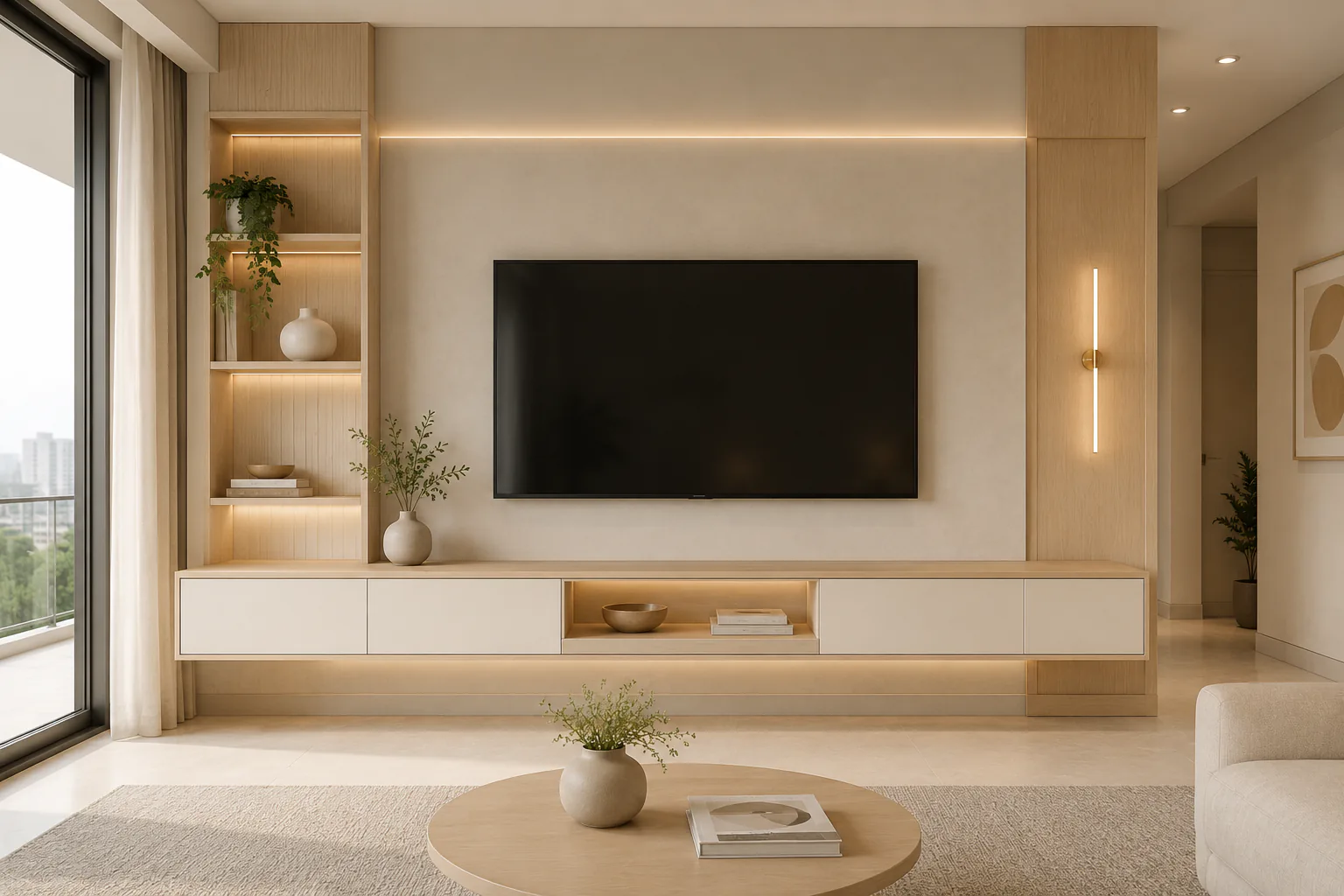 minimal pale oak floating tv cabinet by Reedify Modulars Rohtak