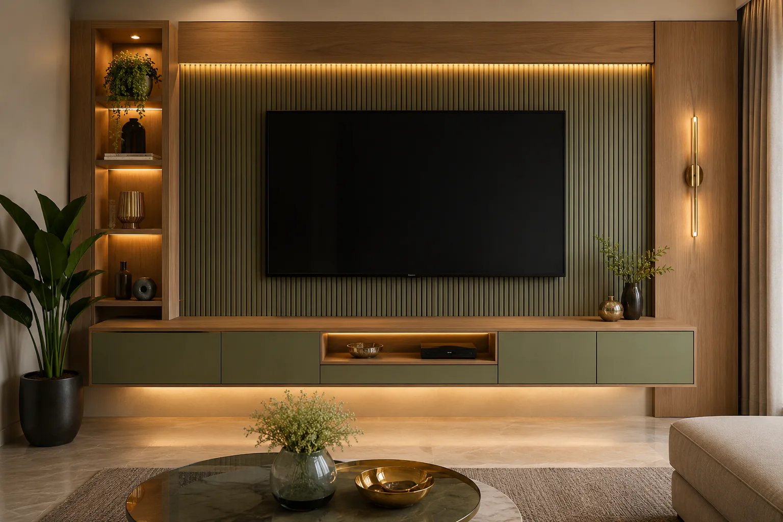 olive green and oak floating tv cabinet by Reedify Modulars Rohtak