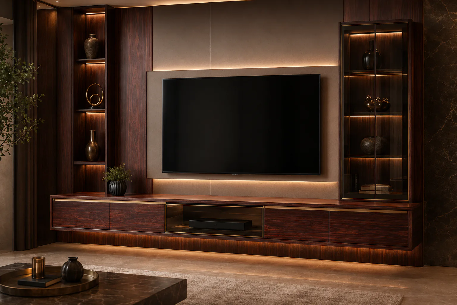 rosewood and smoked glass tv cabinet by Reedify Modulars Rohtak