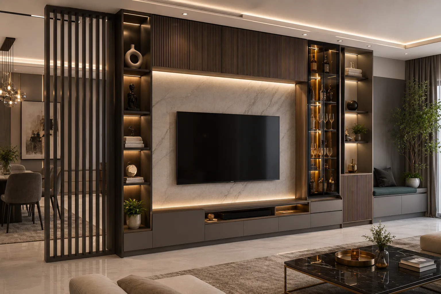 luxury tv unit with partition wall and display shelves by Reedify Modulars Rohtak