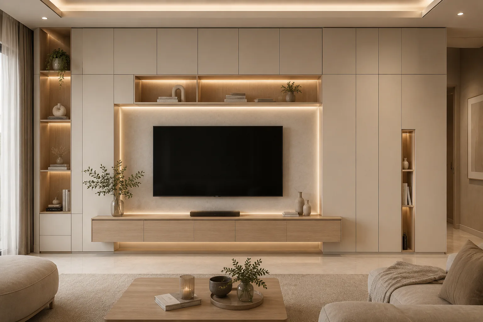 tv unit with hidden storage wall by Reedify Modulars Rohtak