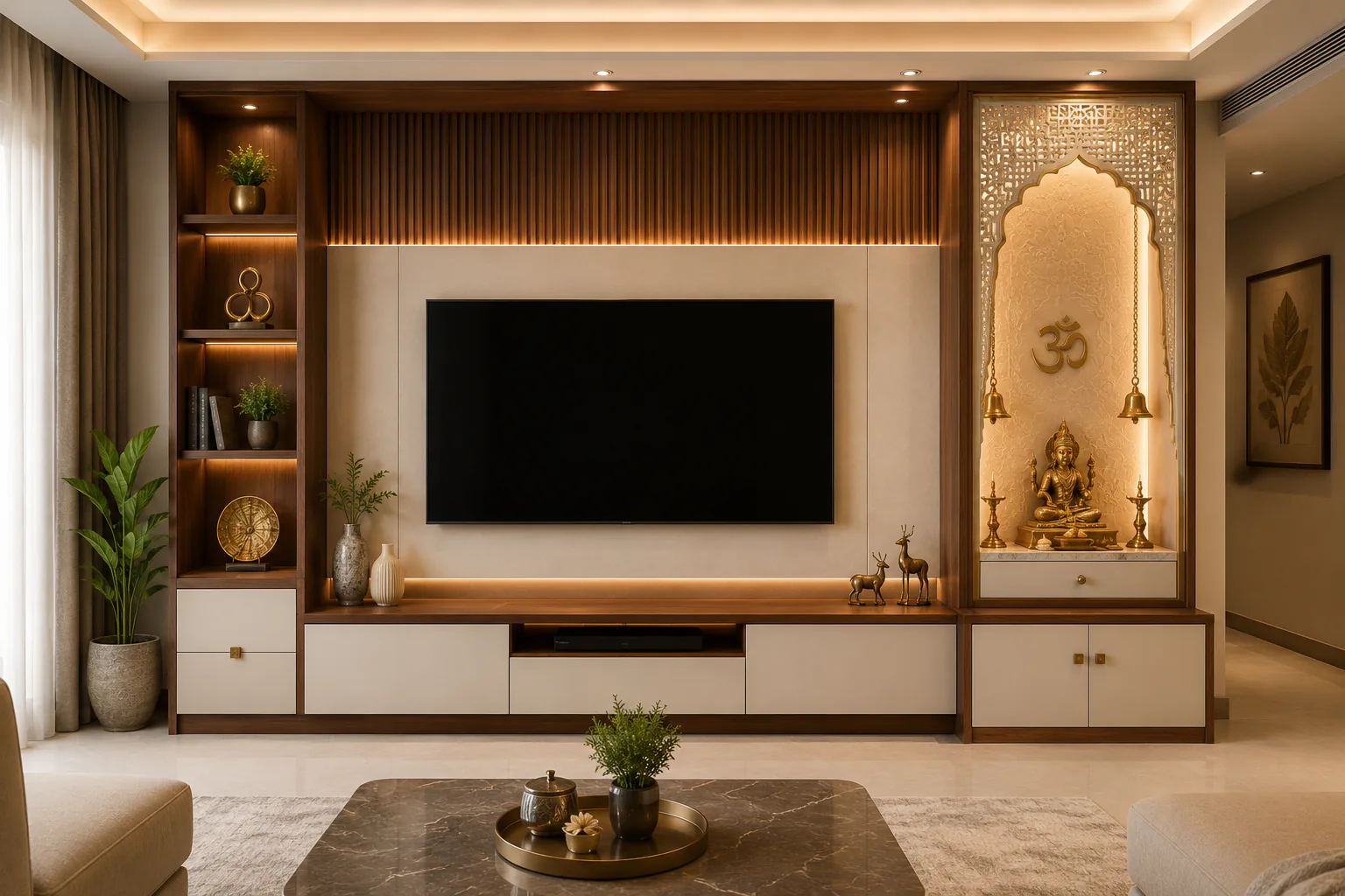 tv unit with pooja niche combination by Reedify Modulars Rohtak